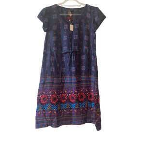 Johnny Was 100% Silk Blue Geometric Small Dress Drawstring Waist Pockets NWT